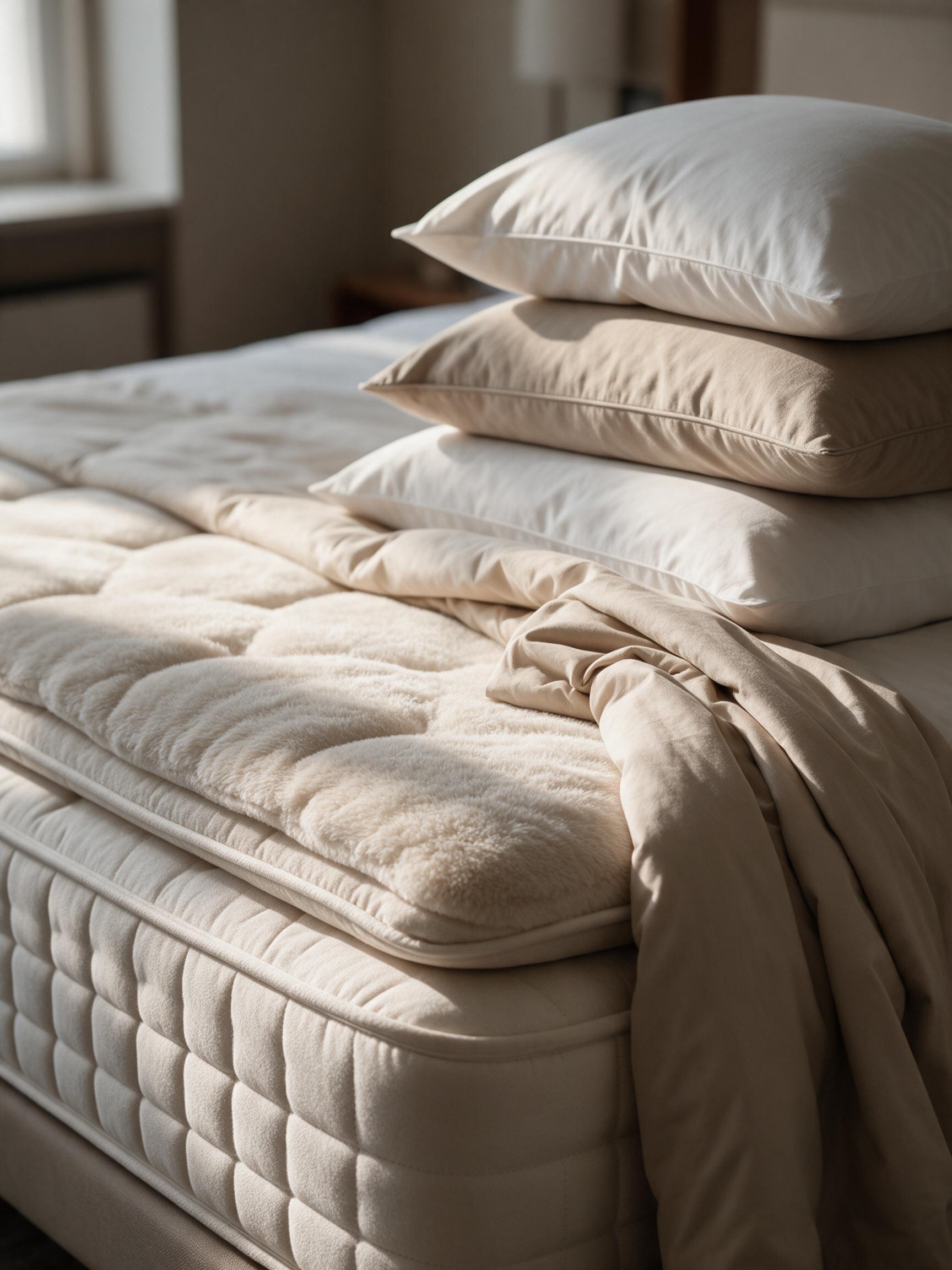 Detalle de cama de hotel con colchón, topper y almohadas